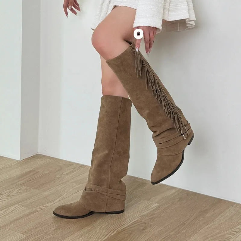 Women's khaki suede cowboy boots with belt buckle and long tassel, mid heel, round toe, sizes 35-42