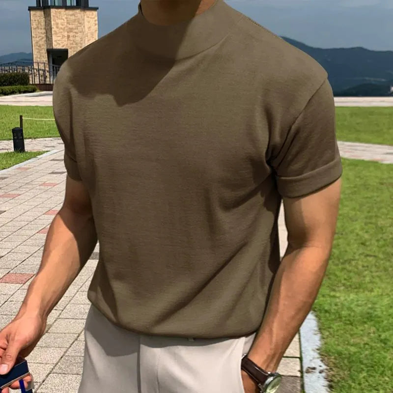 Men's solid colour turtleneck short sleeve t-shirt in white, available in sizes S-4XL from multiple angles