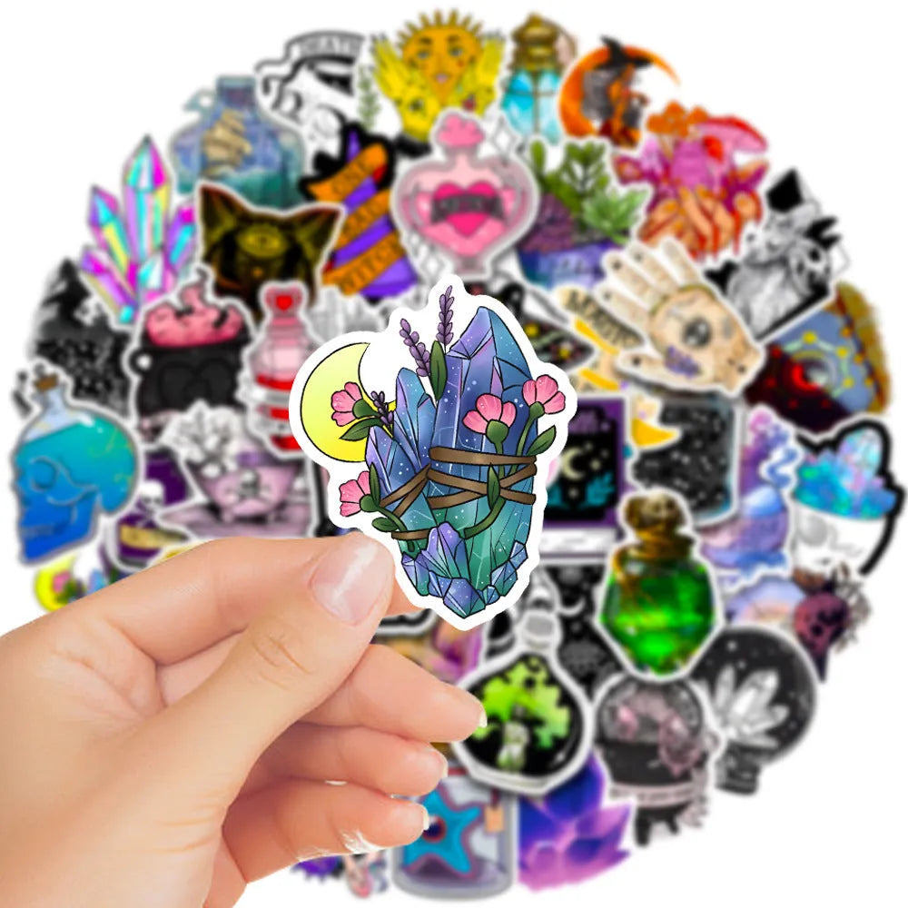 Set of 50 colourful waterproof PVC stickers for luggage and smooth surfaces, sizes 3 to 8 cm.