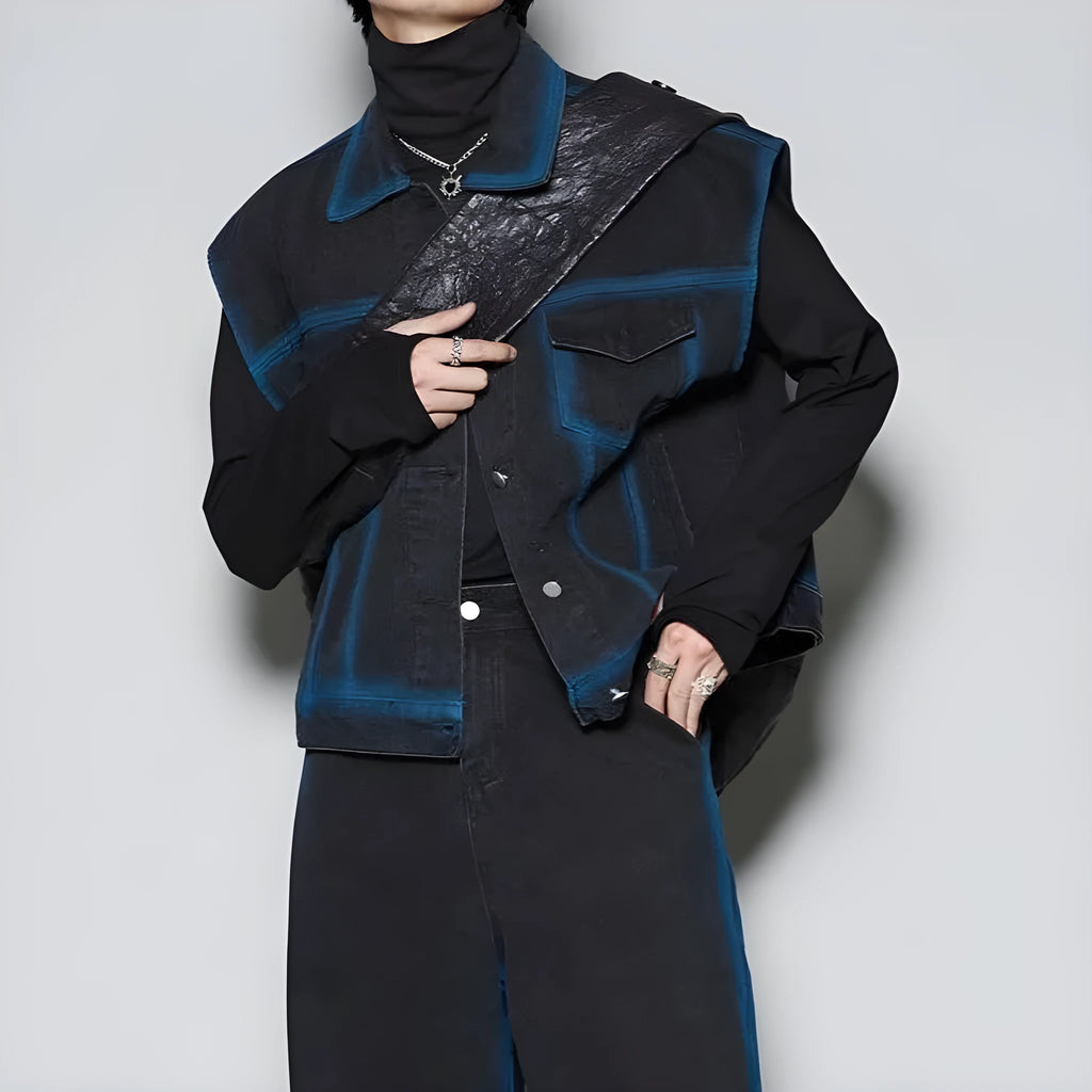 Blue distressed fleece-lined jeans and vest two-piece suit with spray colour gradient design