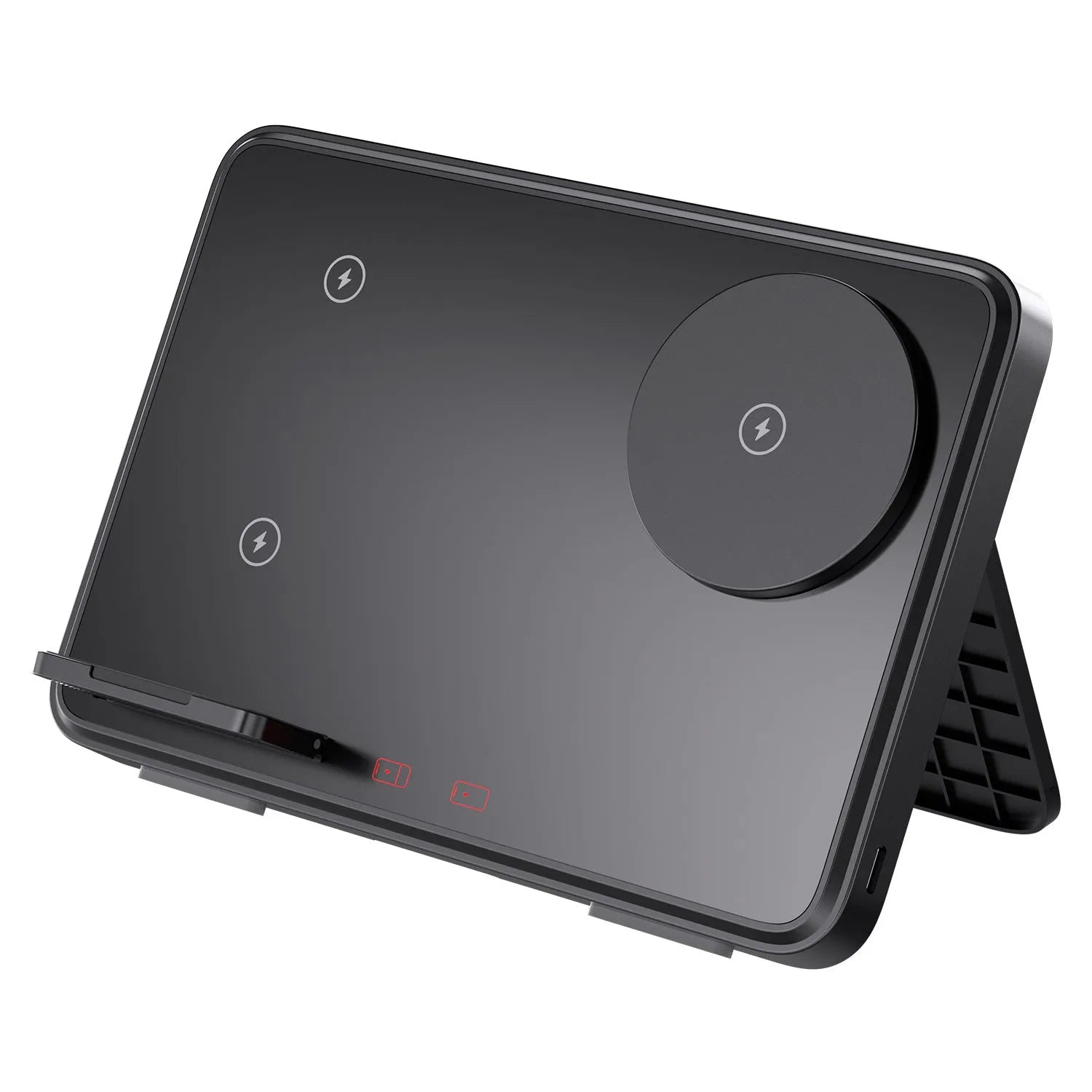 Three-in-one wireless charger in ivory white with a smartphone placed on the charging pad and magnetic support visible