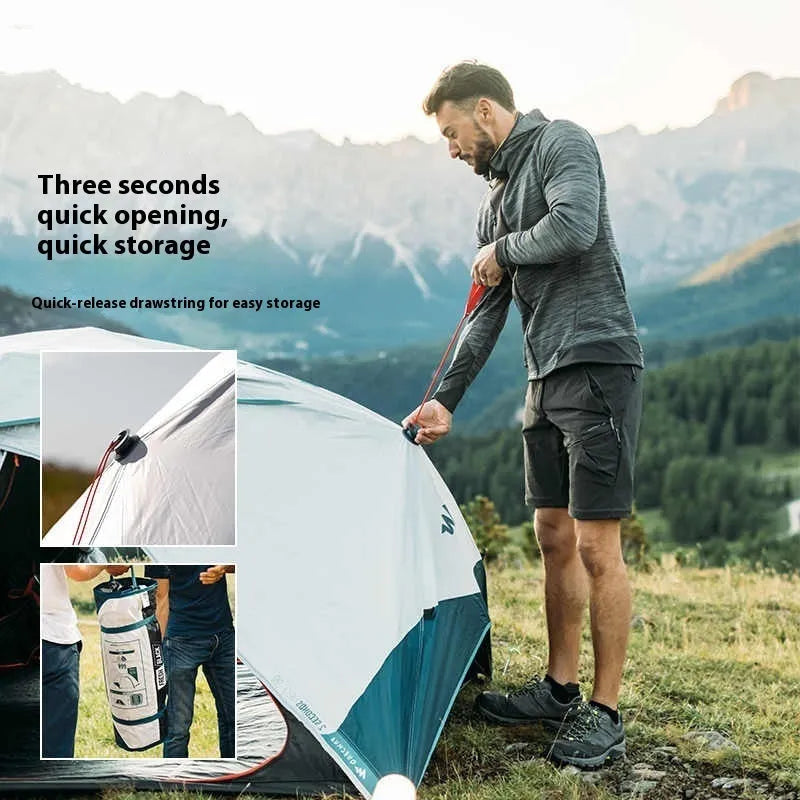Outdoor camping tent quick open 2 person blue white polyester FRP poles rainfly waterproof 2000-3000mm