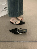 Black women's rhinestone pointed toe half slippers with suede upper and rubber sole