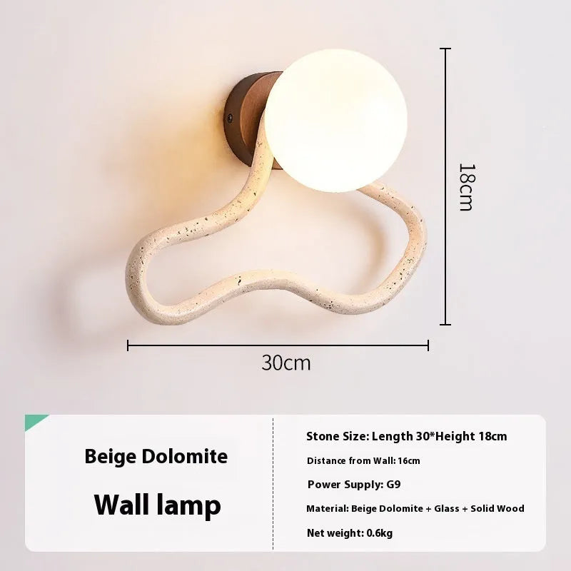 Middle Ancient cream style wall lamp with white travertine glass shade and solid wood base