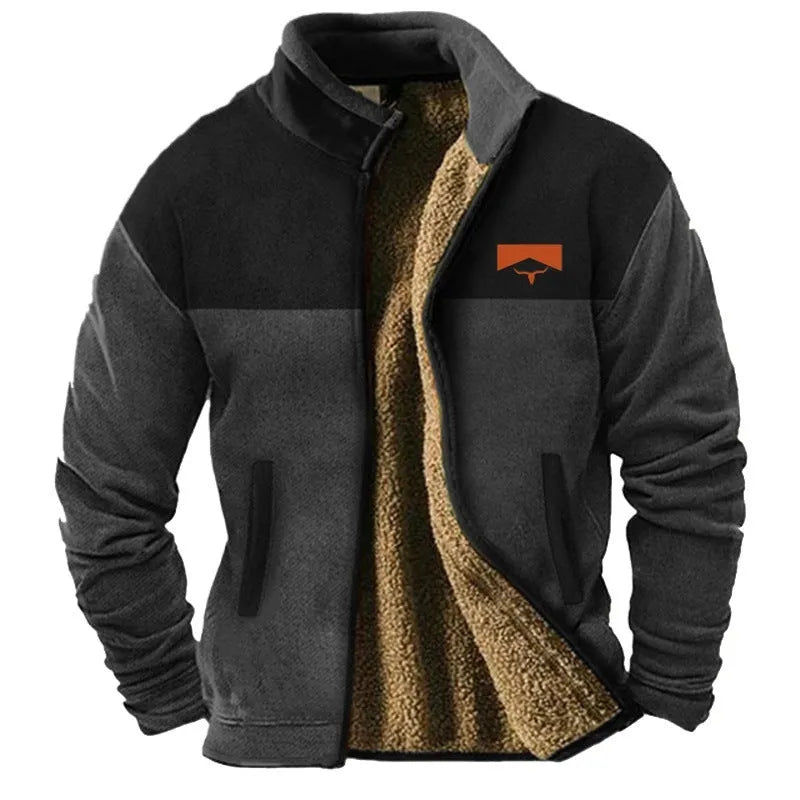 Men's green polyester padded coat on a hanger, showing regular fit and fleece texture.