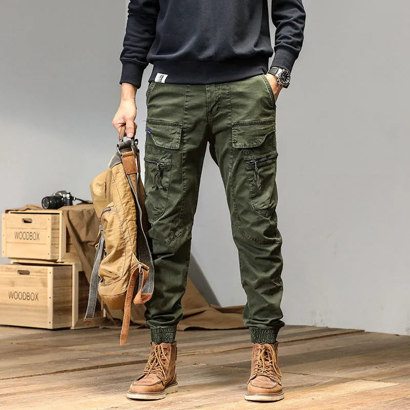 Japanese style cotton overalls for men, mid-waist straight leg, Army Green colour