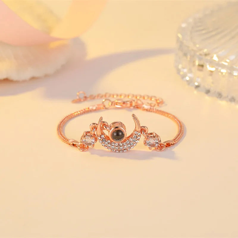 Korean style projection star moon charm bracelet in rose gold copper with diamond inlay