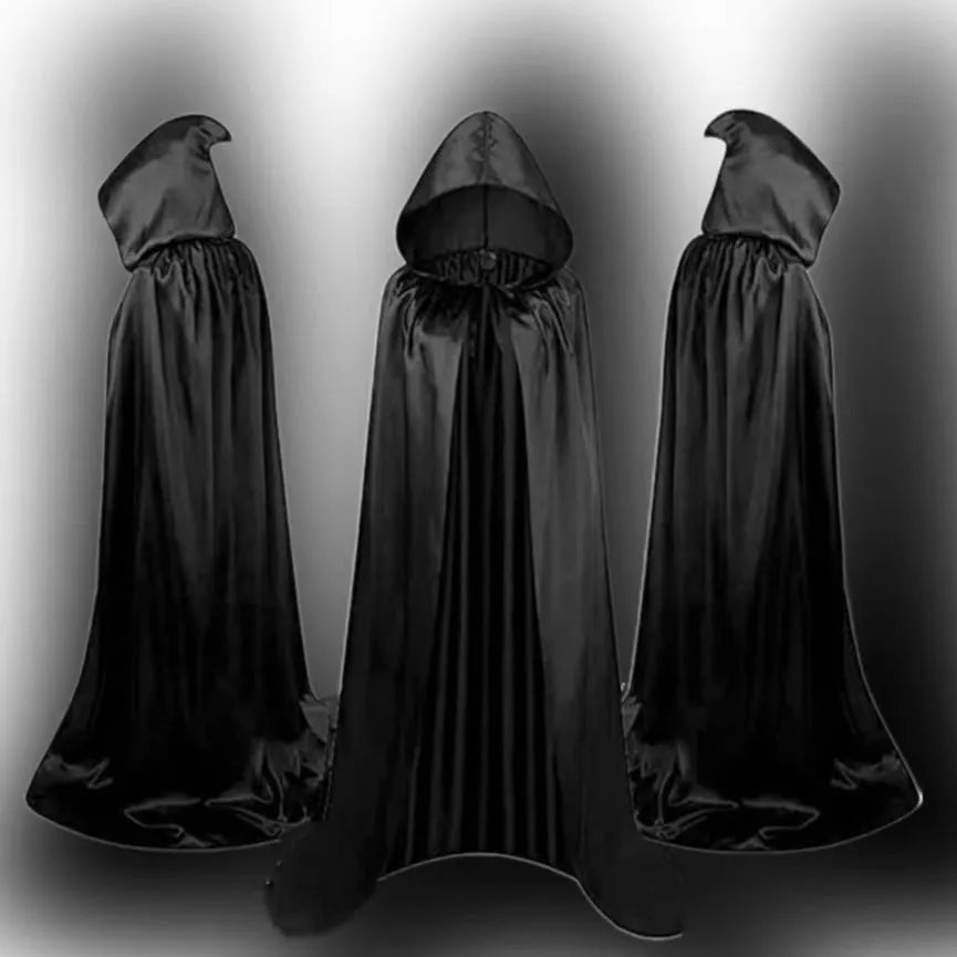 A black satin hooded cloak for children laid flat, showing its length and hood detail.