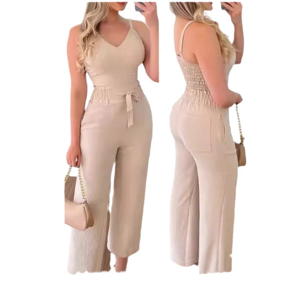 Women's elastic pleated two-piece suit with spaghetti straps and wide-leg pants in various colours