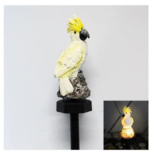 Hand-painted resin parrot solar light with LED glow for garden decoration, available in red blue yellow