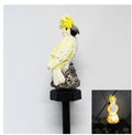 Hand-painted resin parrot solar light with LED glow for garden decoration, available in red blue yellow