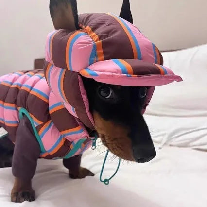 Dirty pink striped dog vest and matching hat set for autumn and winter wear.