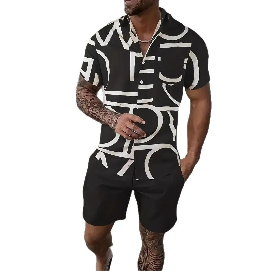 Man wearing a blue Hawaiian print short sleeve shirt and matching shorts from a casual suit set.
