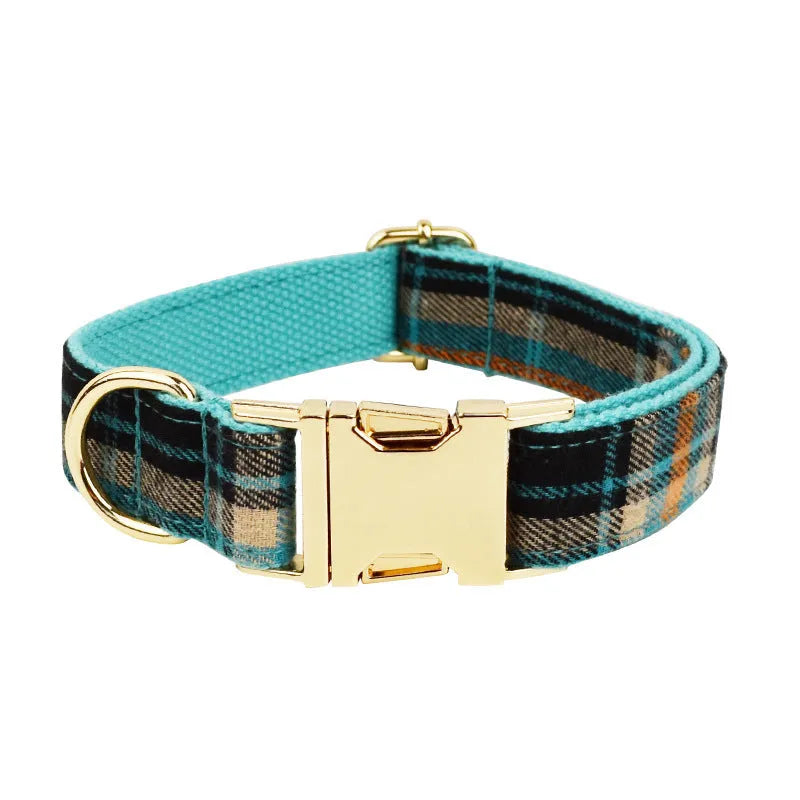 Green retro four-piece dog accessory set with collar, leash, bow and vest on cloth background