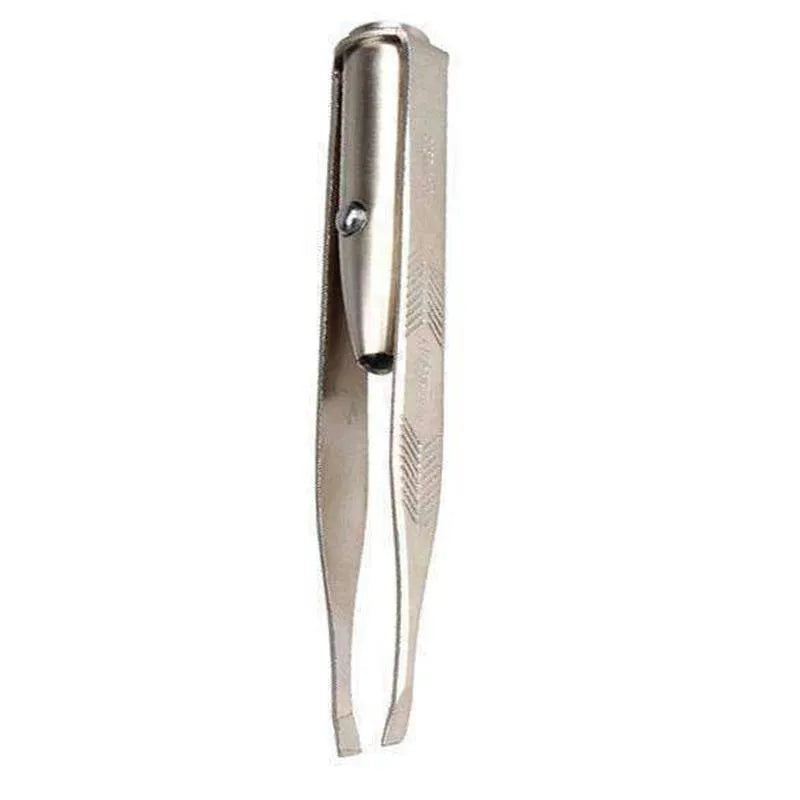 Stainless steel LED beauty tweezers with on/off button and built-in light at the tip.