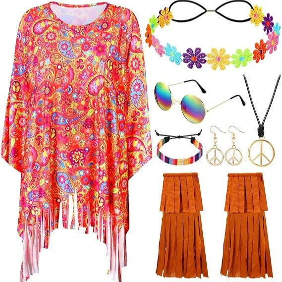 Colourful tie dye Halloween cloak costume with bell sleeves on a hanger