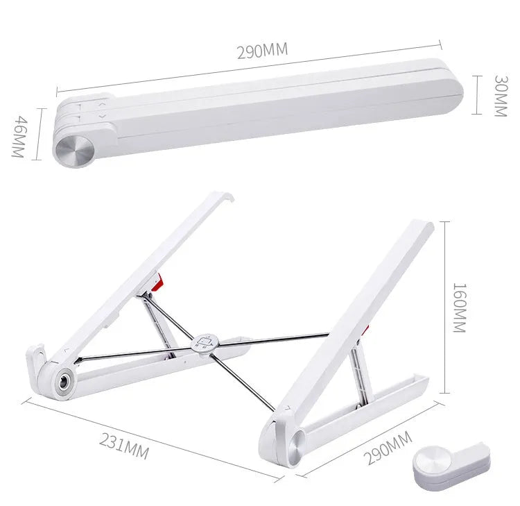 White portable laptop cooling stand with adjustable height and folding mechanism