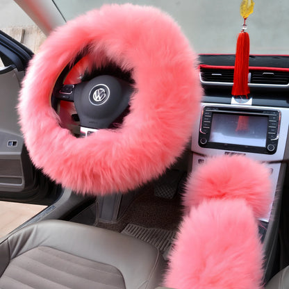 Three-piece wool steering wheel cover showing universal 38cm diameter fit with wool-cashmere blend material