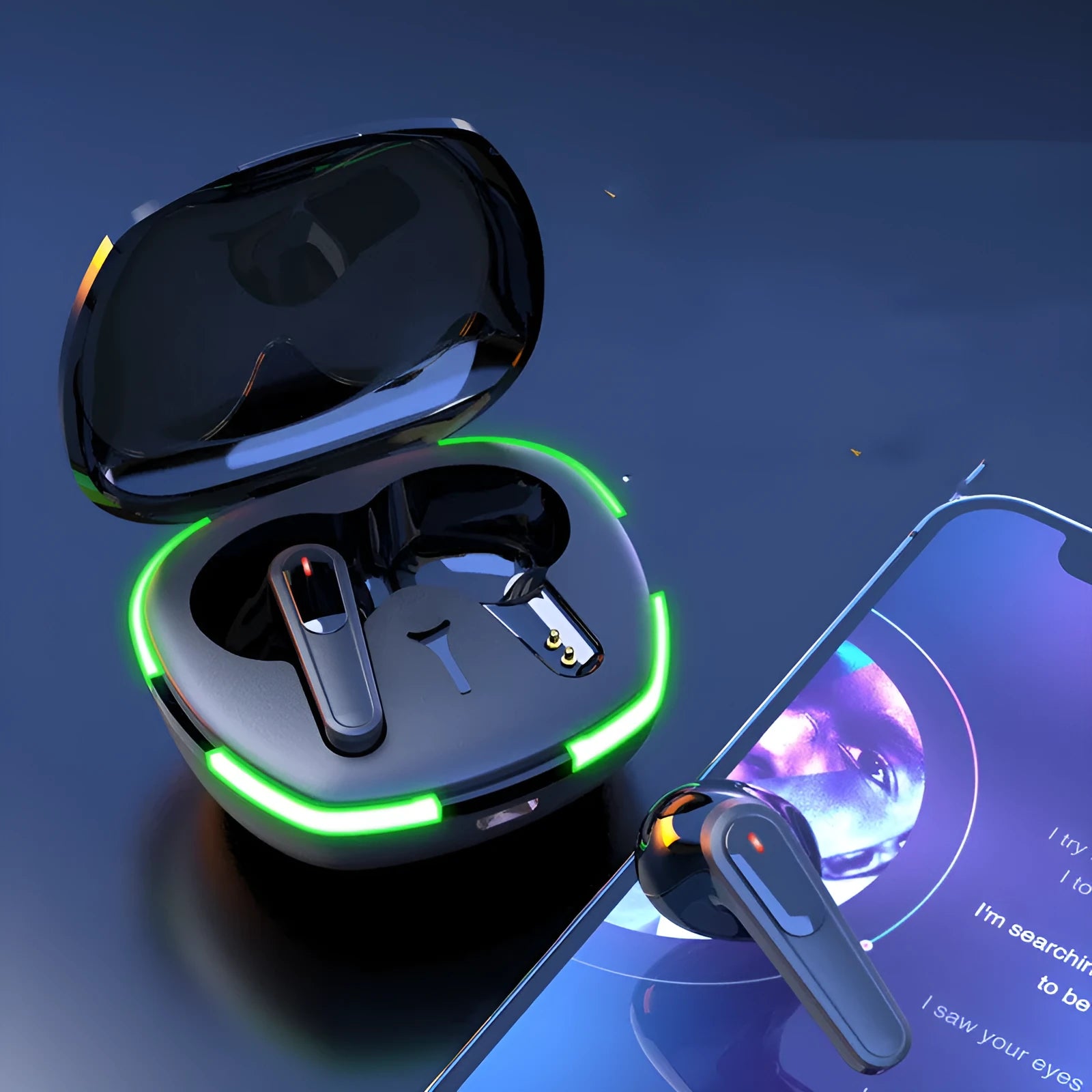 Black Pro60 Bluetooth wireless headset with half-in-ear design and matte finish charging case