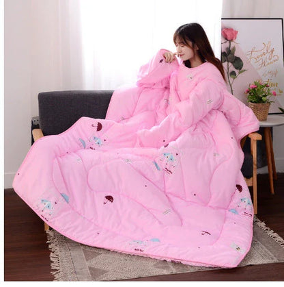 Cozy fleece-lined blanket with sleeves in various colors and designs, providing warmth and comfort for cold weather use.