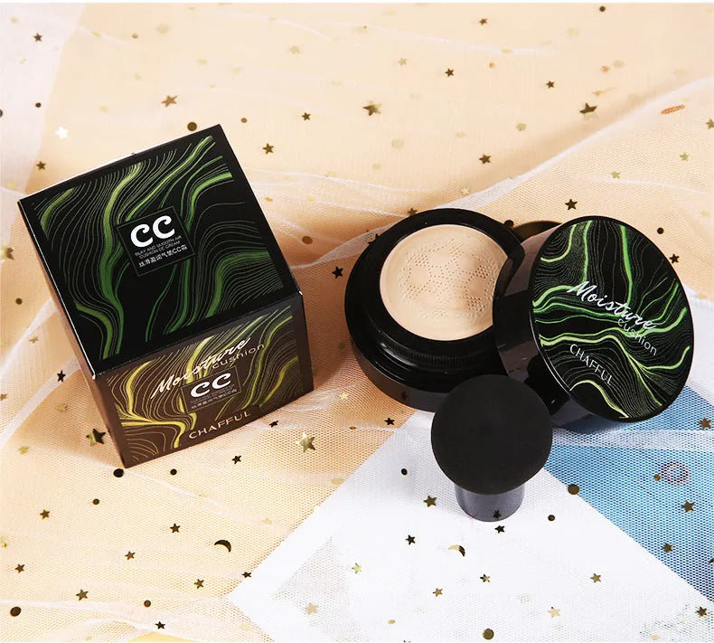 Air cushion BB cream foundation concealer in compact case with mushroom sponge, Ivory 01 and Natural 02 shades