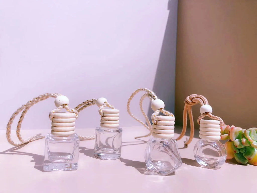 Car perfume pendant fragrance glass bottle in four container style options
