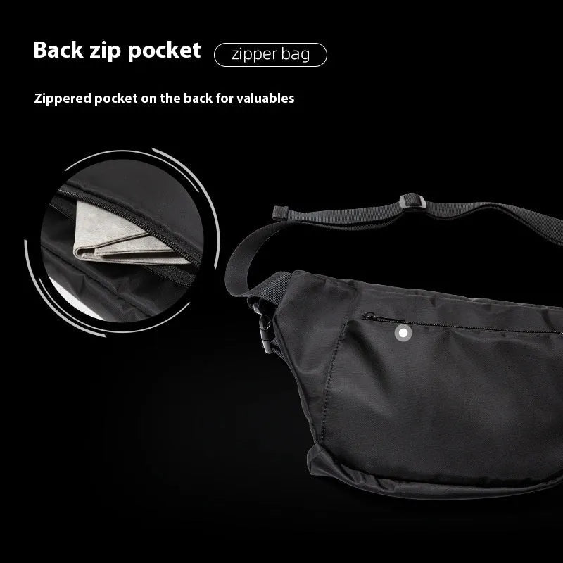 Black men's slanted chest bag with 8-inch Oxford fabric construction and sewing line detail