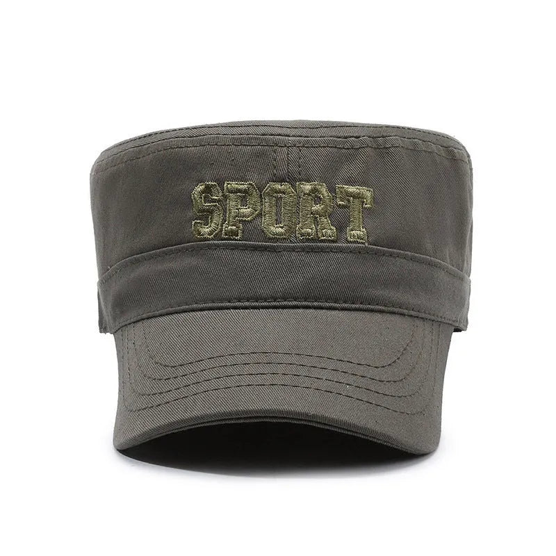 Men's adjustable flat-top cotton peaked cap in army green with English letter detail.