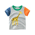 Boy wearing a cotton t-shirt with a green lion print, showing short sleeves and casual fit.