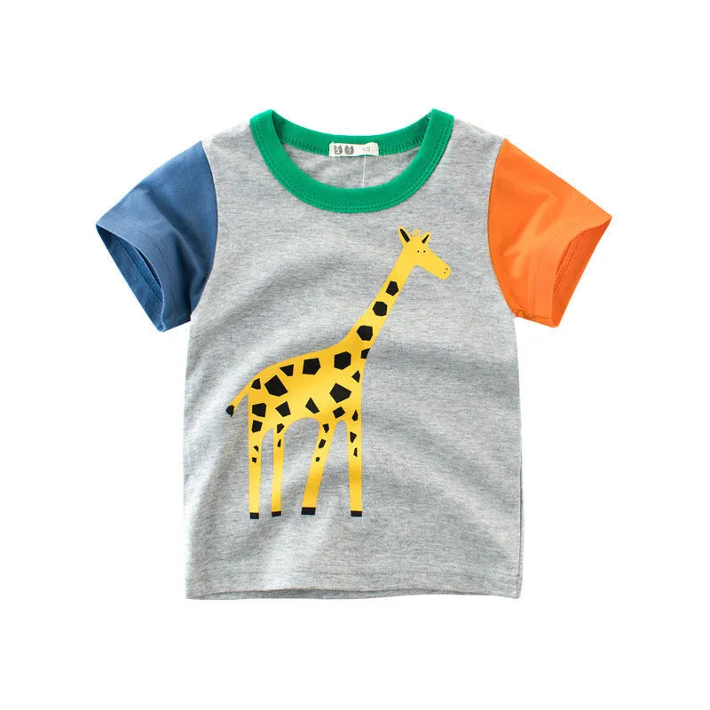 Boy wearing a cotton t-shirt with a green lion print, showing short sleeves and casual fit.