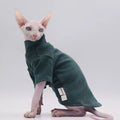 Hairless cat wearing a polar fleece hoodie in autumn winter colours black gray green purple with hood up