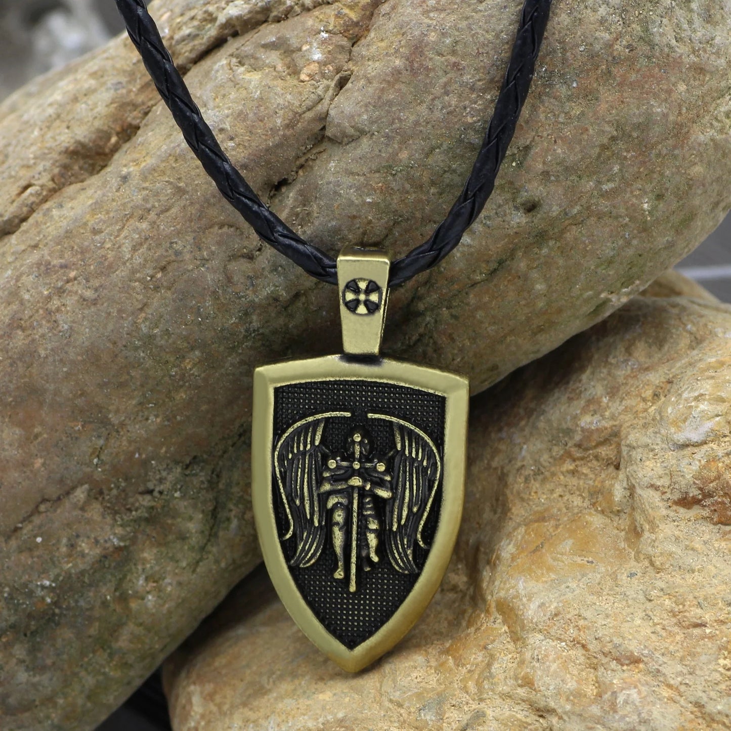 Saint Michael Archangel Pendant Necklace in ancient silver and bronze finishes with detailed cartoon character design