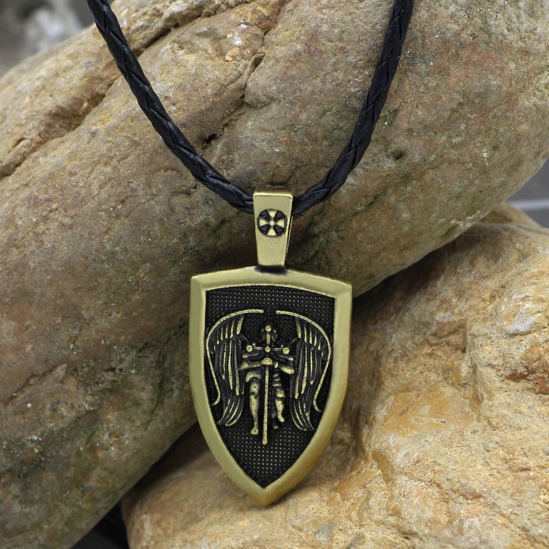 Saint Michael Archangel Pendant Necklace in ancient silver and bronze finishes with detailed cartoon character design