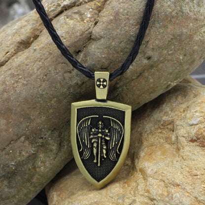 Saint Michael Archangel Pendant Necklace in ancient silver and bronze finishes with detailed cartoon character design