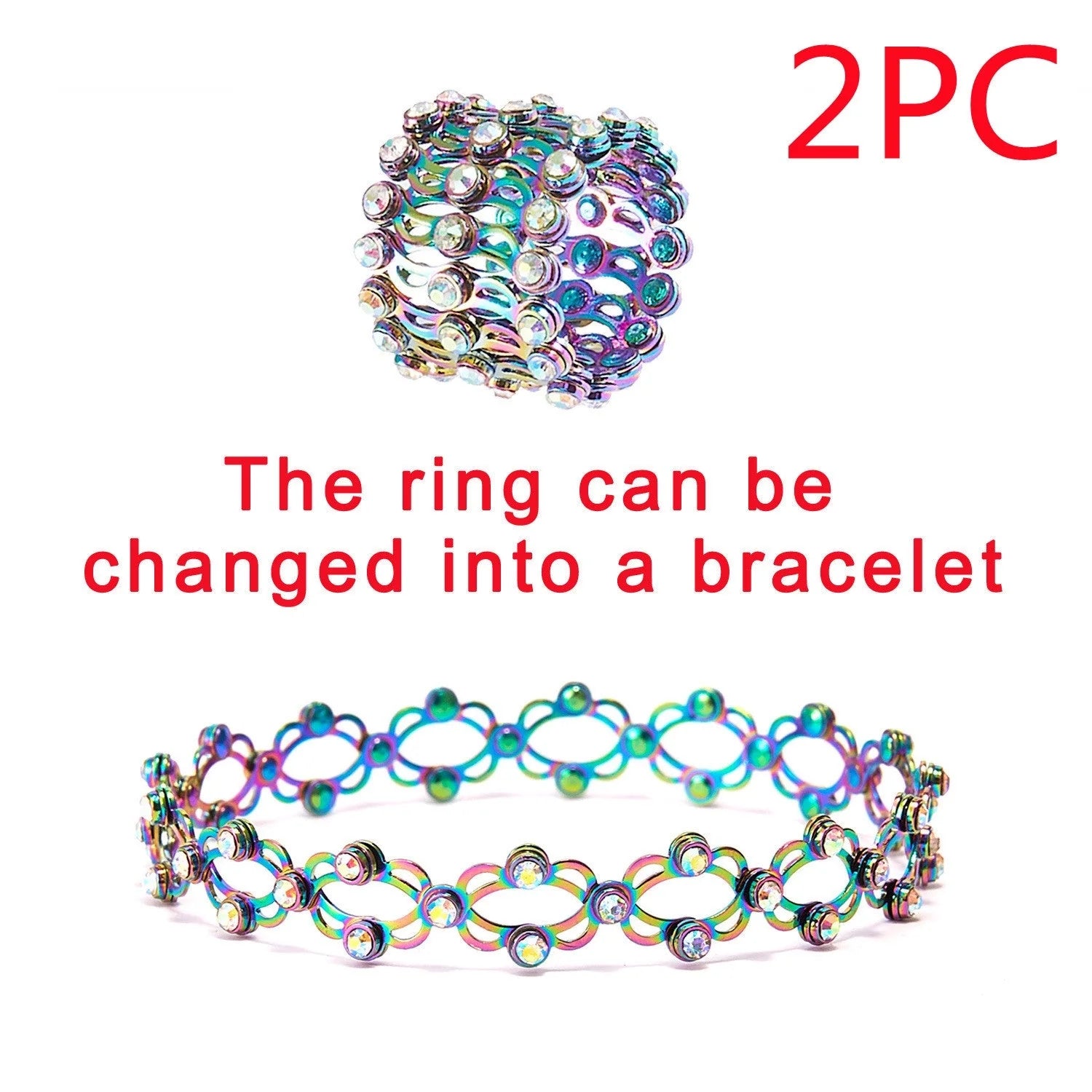 Adjustable 2-in-1 folding retractable rings bracelet with rhinestone inlay