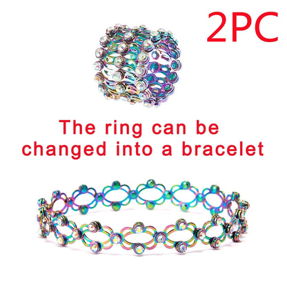 Adjustable 2-in-1 folding retractable rings bracelet with rhinestone inlay