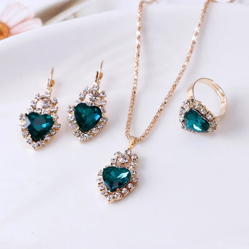 Water drop rhinestone jewellery set with adjustable necklace, earrings, and ring in various colours