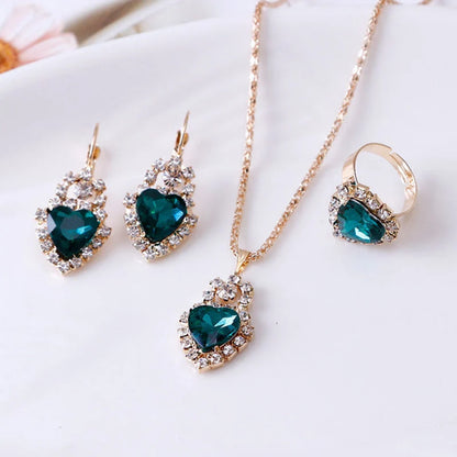 Water drop rhinestone jewellery set with adjustable necklace, earrings, and ring in various colours