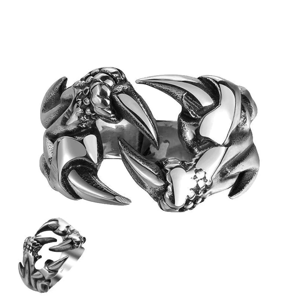Men's open dragon claw ring in titanium steel, punk style jewellery