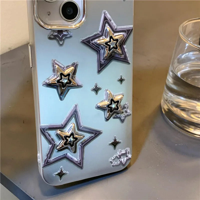 Silver grey electroplated three-dimensional star hard acrylic phone case for iPhone on white background
