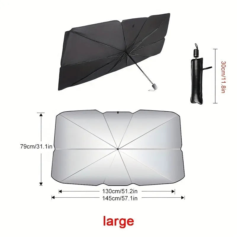 Foldable car windshield sunshade umbrella shown open and folded, with automatic rebound button.