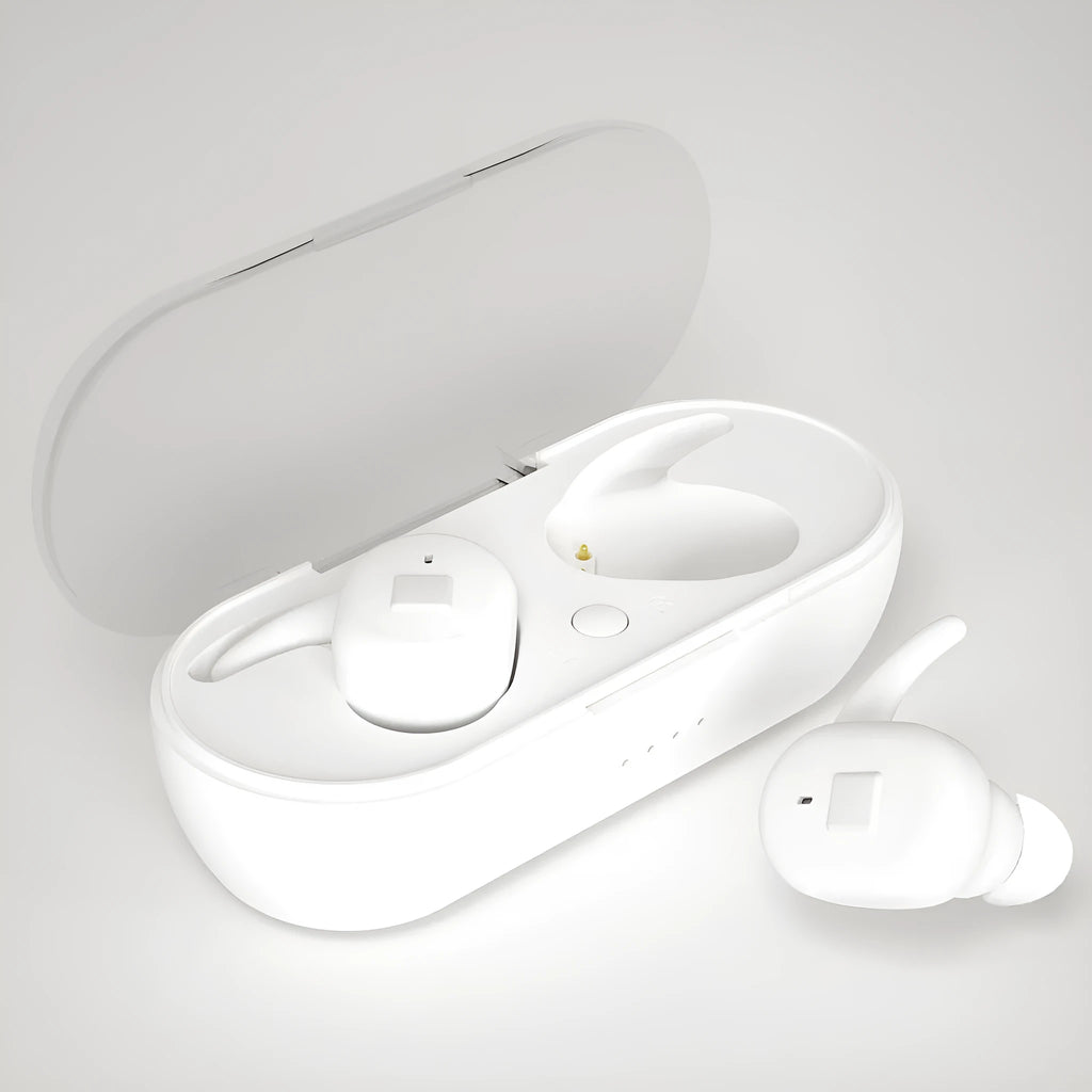 Bluetooth 5.0 wireless in-ear earphones with charging case, black colour, ABS plastic, compact.