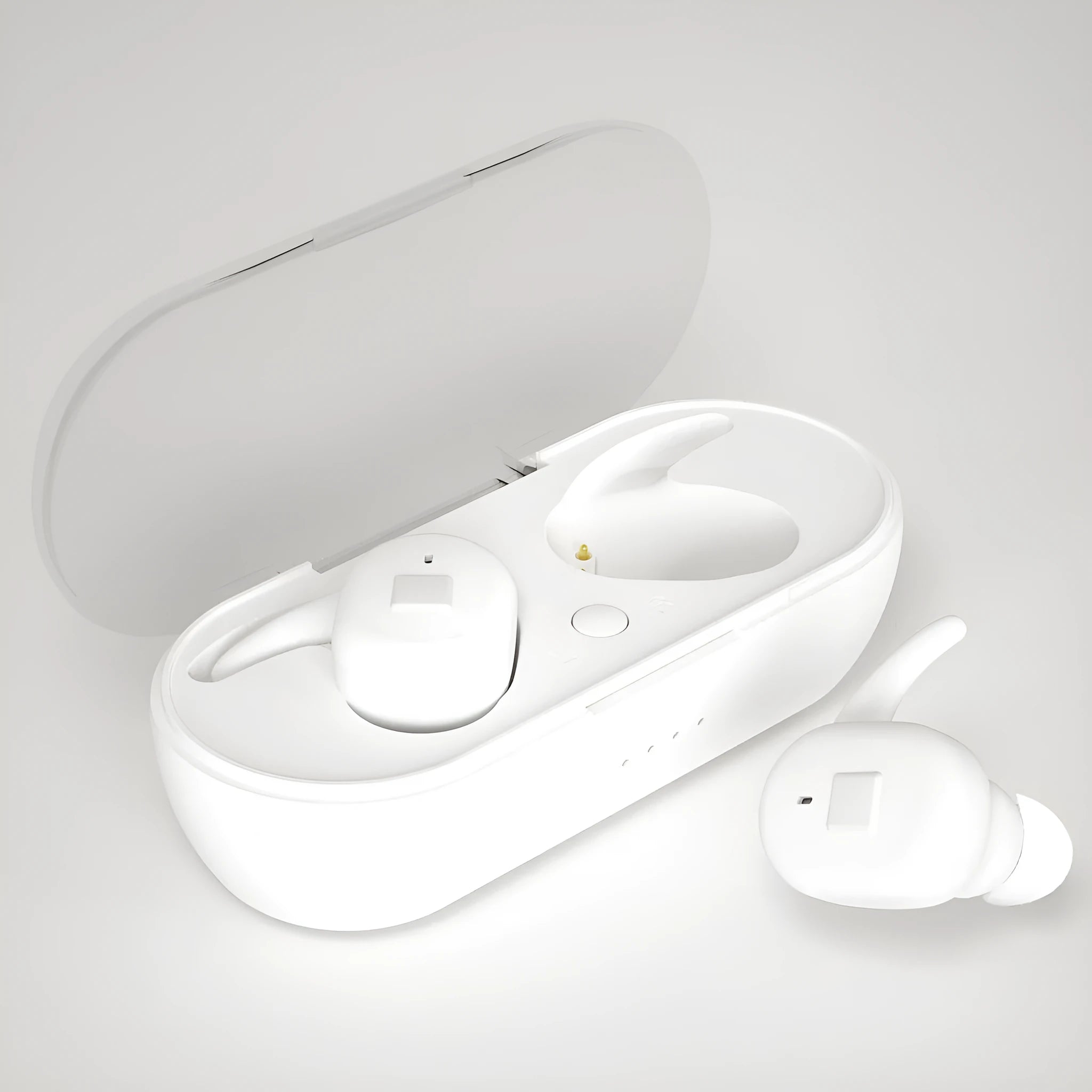 Bluetooth 5.0 wireless in-ear earphones with charging case, black colour, ABS plastic, compact.
