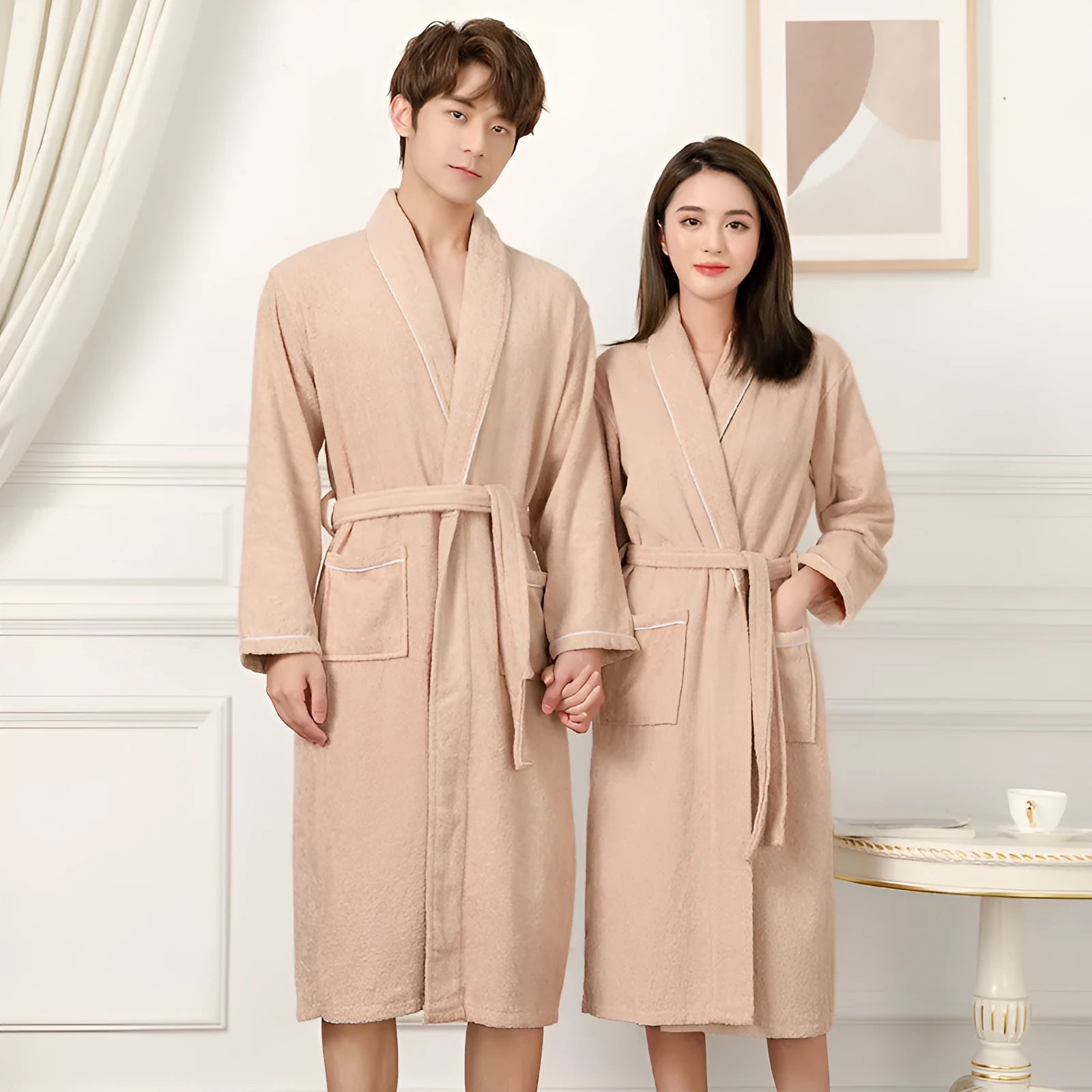 Cotton terry bathrobe in peacock blue, super thick 301-350g, simple casual style for men and women