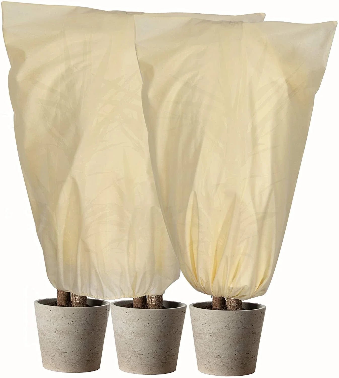 Adjustable plant cover in beige color, designed to protect plants from cold weather and harsh winter conditions