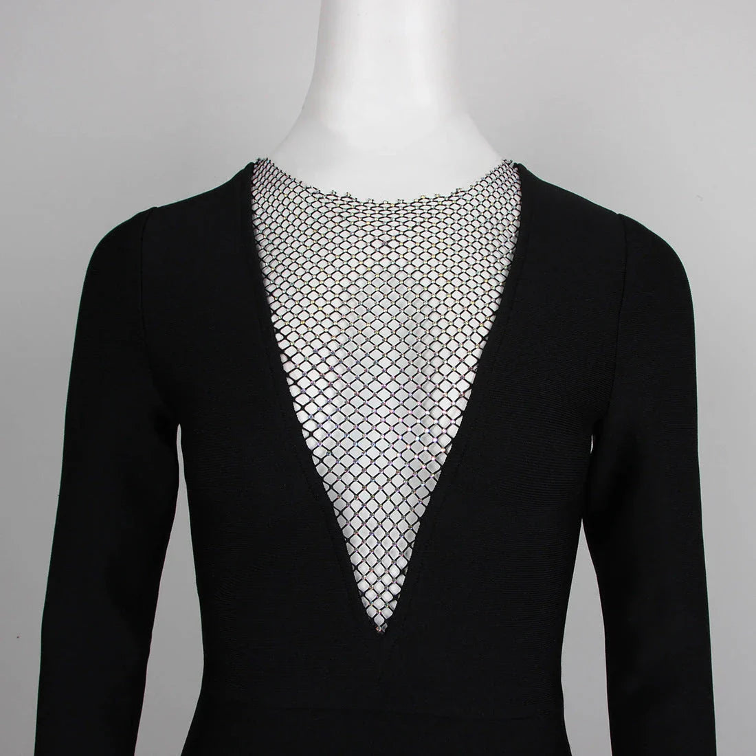 Black long-sleeved bandage dress with diamond net detailing, perfect for evening events