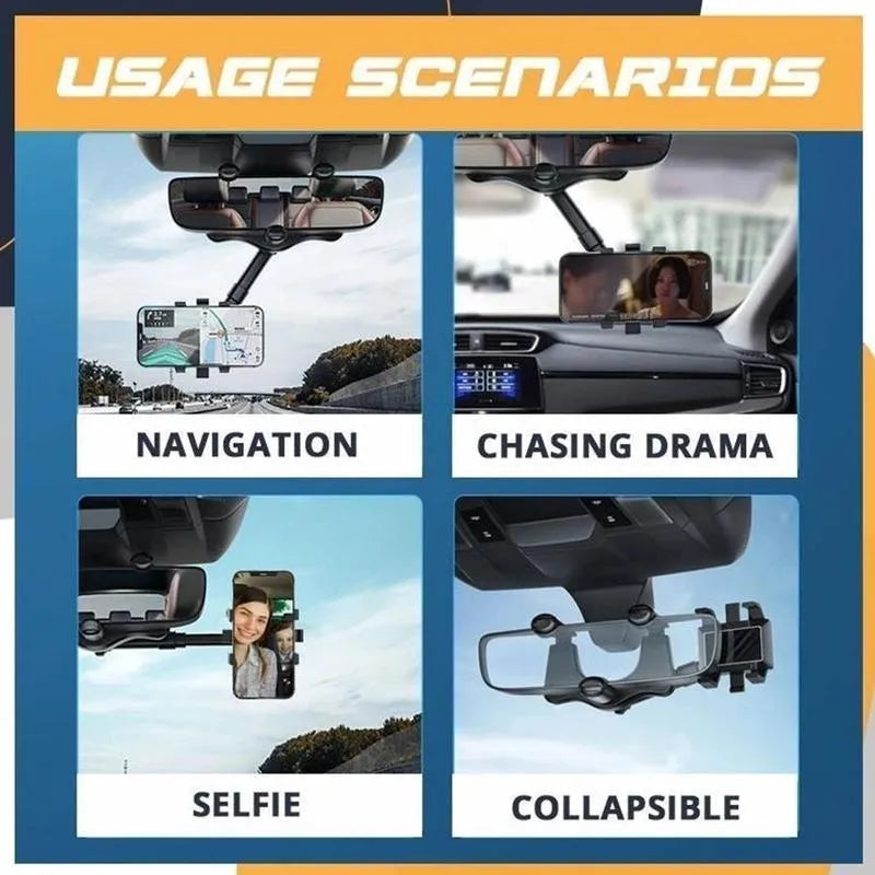 Black rearview mirror car phone holder with four-claw grip and adjustable arm mounted on a car mirror.