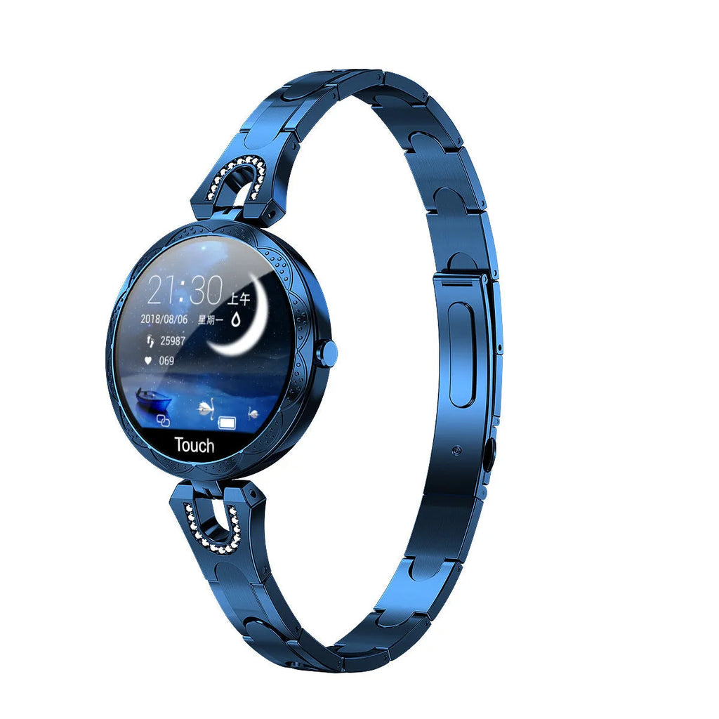 Fashion women's smart watch with round LCD screen and stainless steel strap in Rose Gold