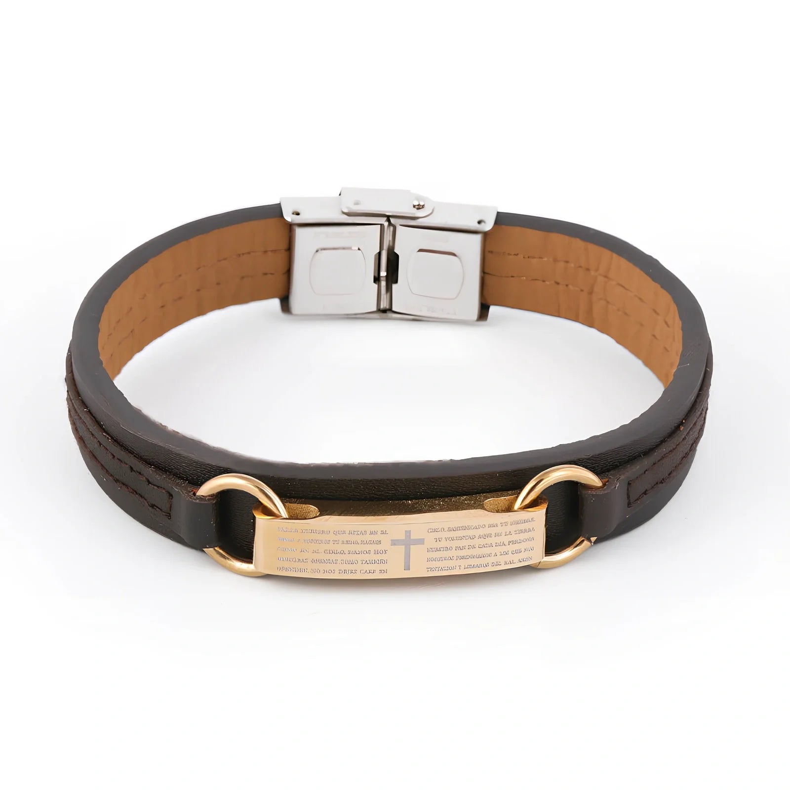 Unisex Bible verse leather bracelet in 18.5cm size with geometric stainless steel accents