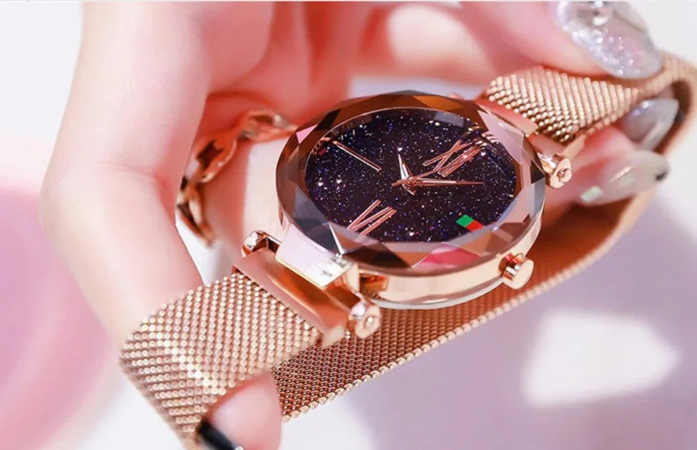 Starry Sky women's watch with magnetic mesh strap, alloy case, and glass surface, 34mm diameter